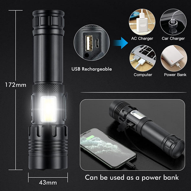 UltraBright XHP90 +COB Rechargeable LED Torch – Super Strong, Long Range & Waterproof Flashlight